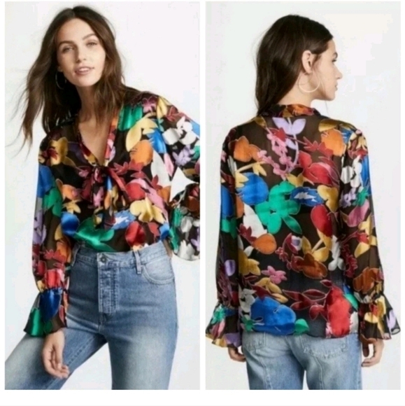 Alice + Olivia Mora Tie-Neck Floral Blouson-Sleeve Blouse Size Small - Picture 1 of 15